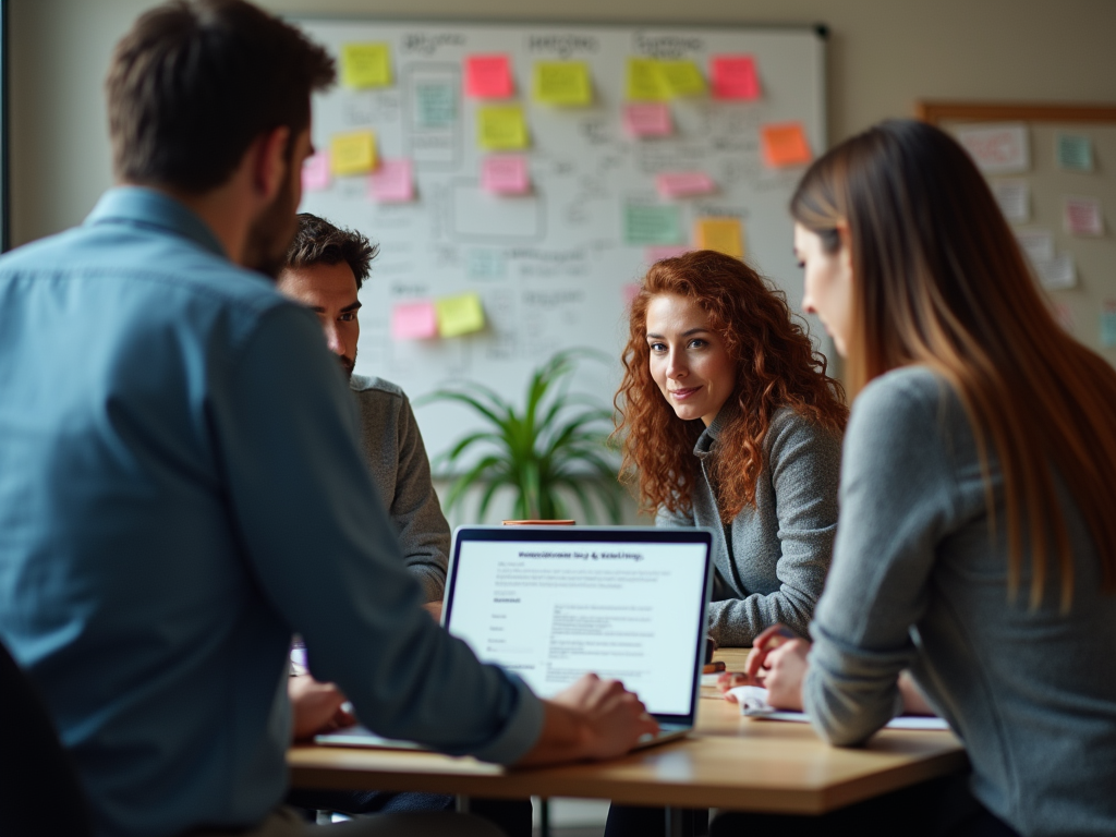 Team of professionals discussing strategies around a table with post-it notes and charts in the background.