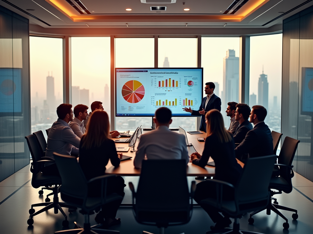 Business presentation in a well-lit conference room with cityscape backdrop, man presenting data charts.