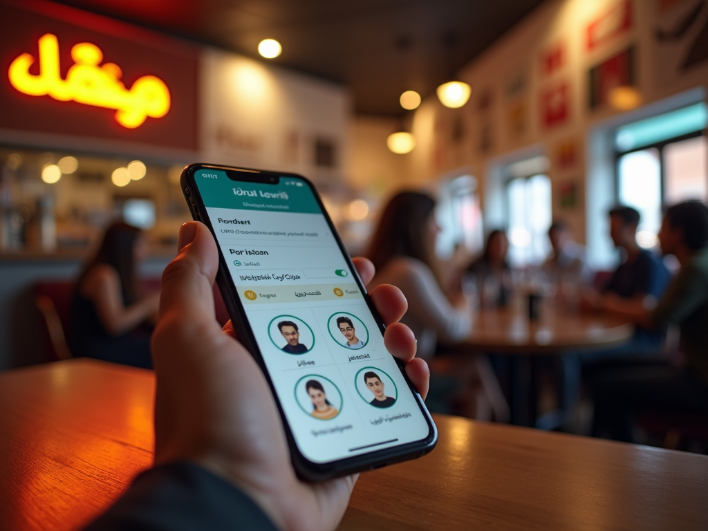 Person holding a smartphone with contact screen visible, sitting in a bustling cafe.