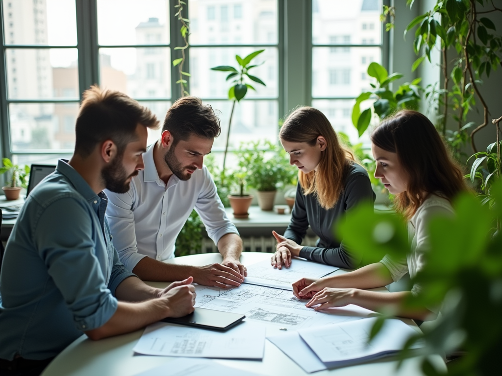 Four professionals collaborating over architectural plans in a bright office with plants.