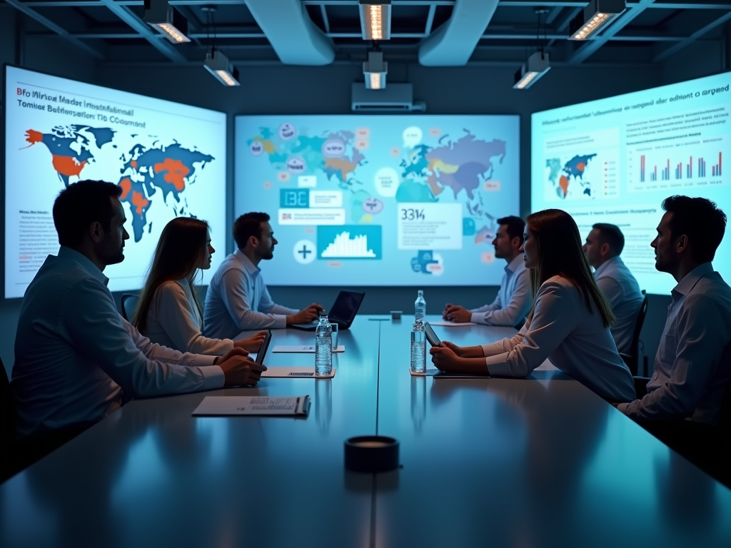 Professionals at a conference table focused on data-rich presentations in a modern office setting.