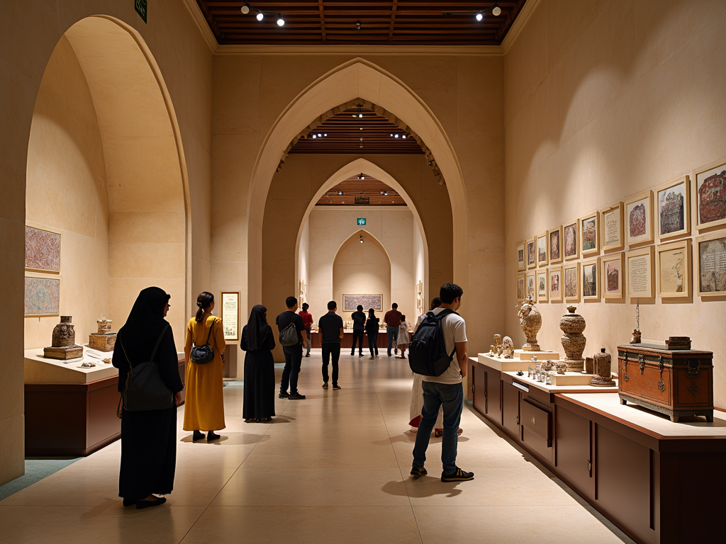 Visitors examining artifacts in a museum gallery with arched ceilings and wall-mounted artworks.