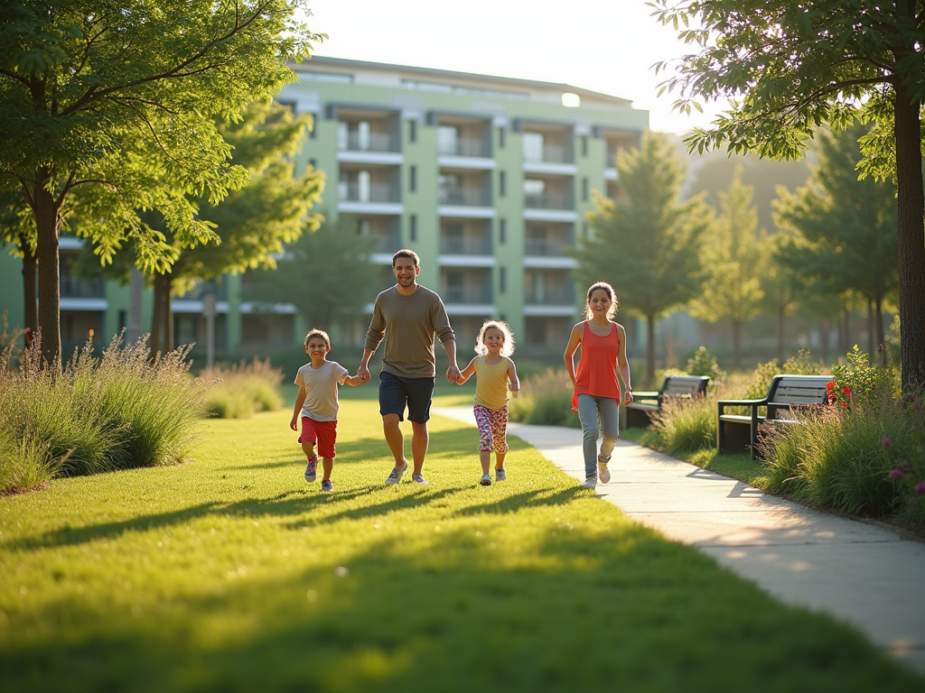 A man and three children happily jogging on a sunlit park pathway near modern apartments.