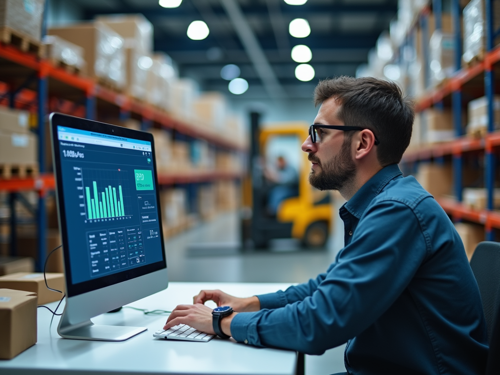 Man analyzing data on computer in warehouse, with shelves and boxes in background.