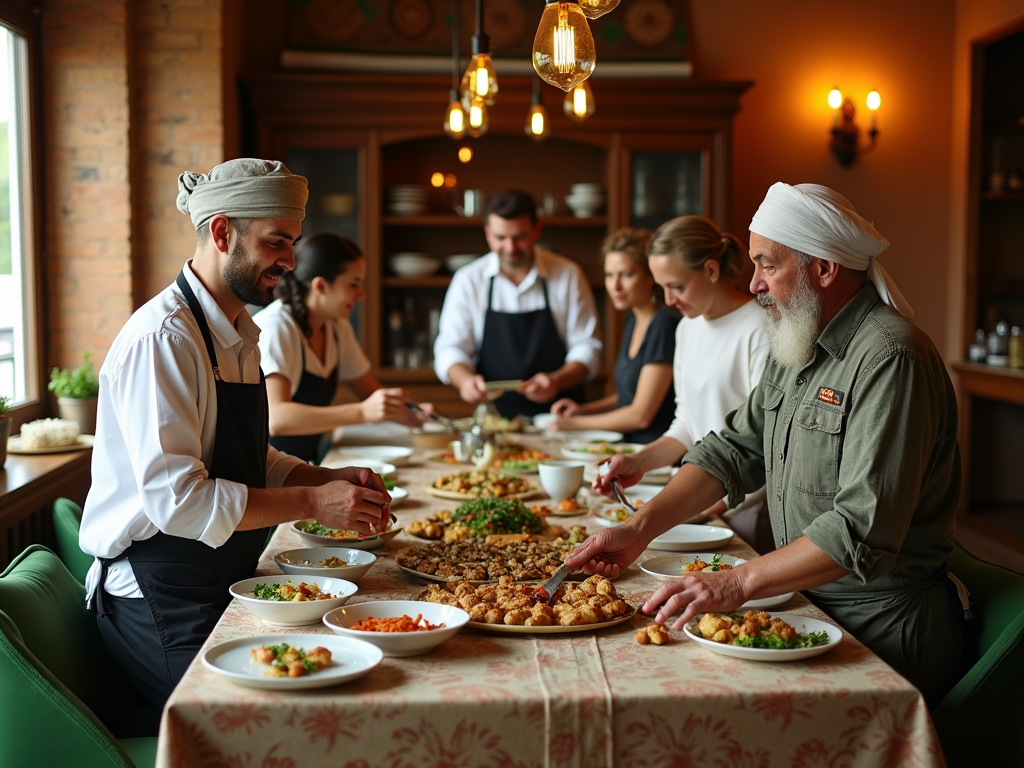 Chefs and guests serving food at a lively cooking class in a rustic, warmly lit dining room.