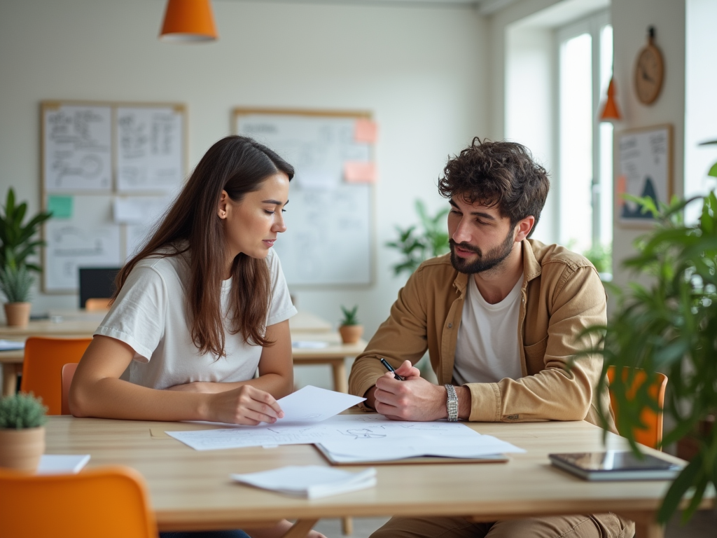 Two professionals discuss documents at a bright office table with plants and whiteboards in the background.