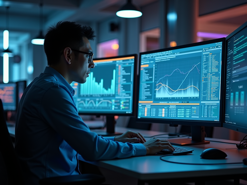 Man in glasses analyzing financial data on multiple computer screens in a dark room.