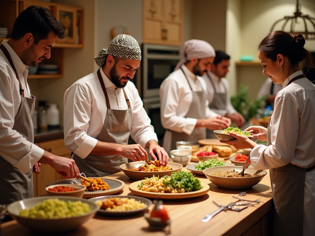 Chefs preparing various dishes in a busy kitchen environment.