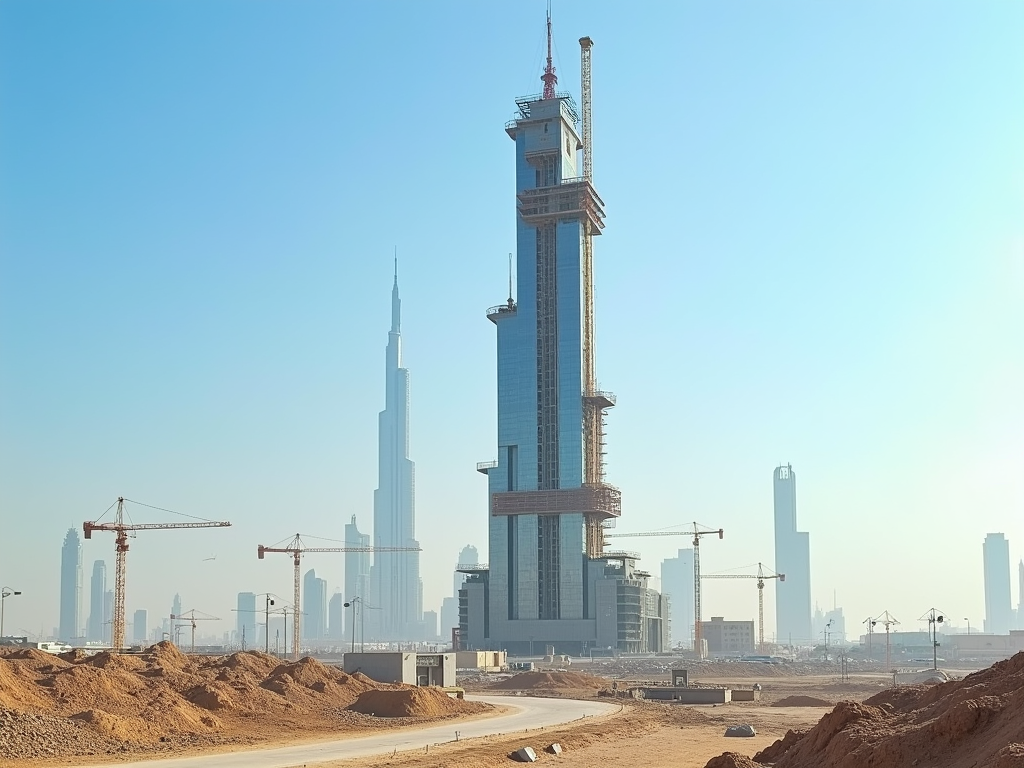 Skyline of a modern city with a skyscraper under construction amidst several cranes, set against a clear blue sky.