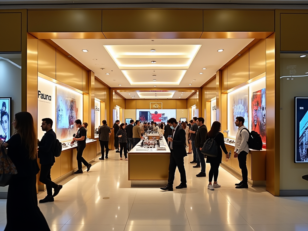 People browsing products in a modern, brightly lit store with digital displays and a warm ambiance.