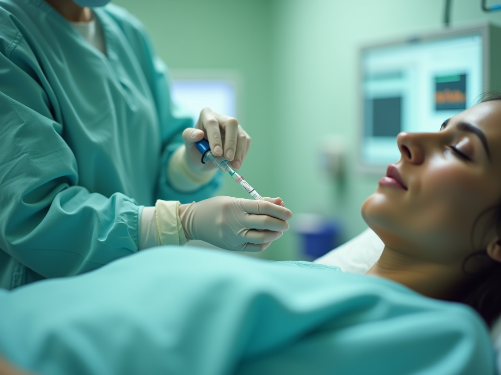 Woman receiving facial injection from healthcare professional in medical setting.