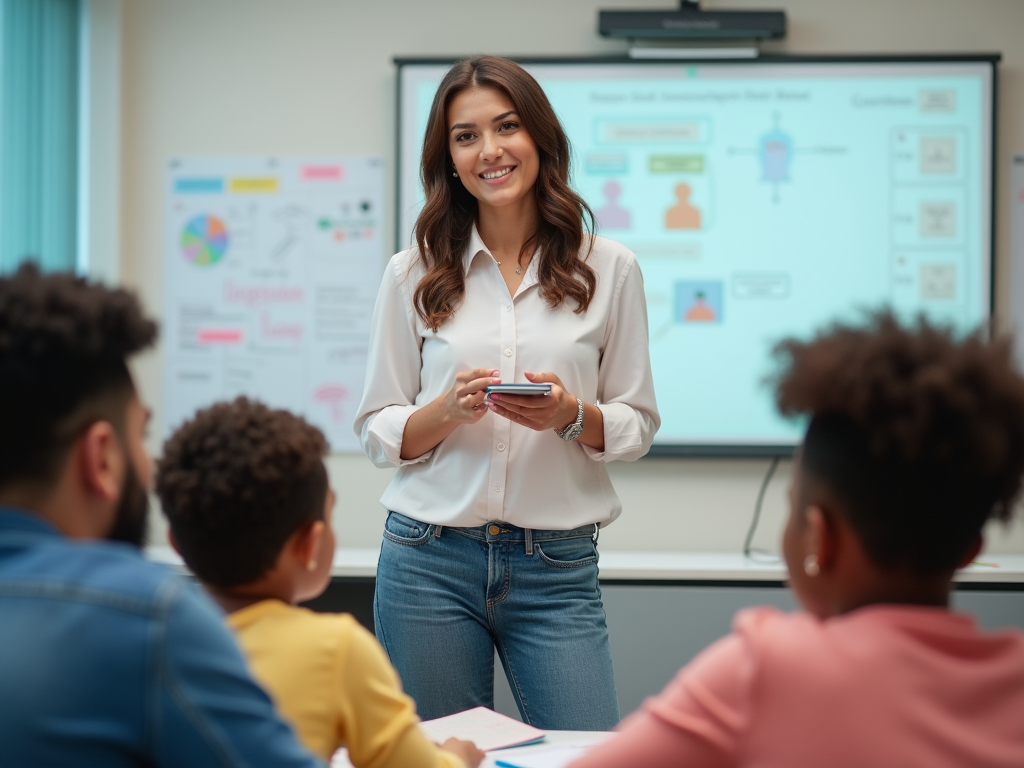 Teacher with smartphone smiling at students in classroom with educational poster in the background.