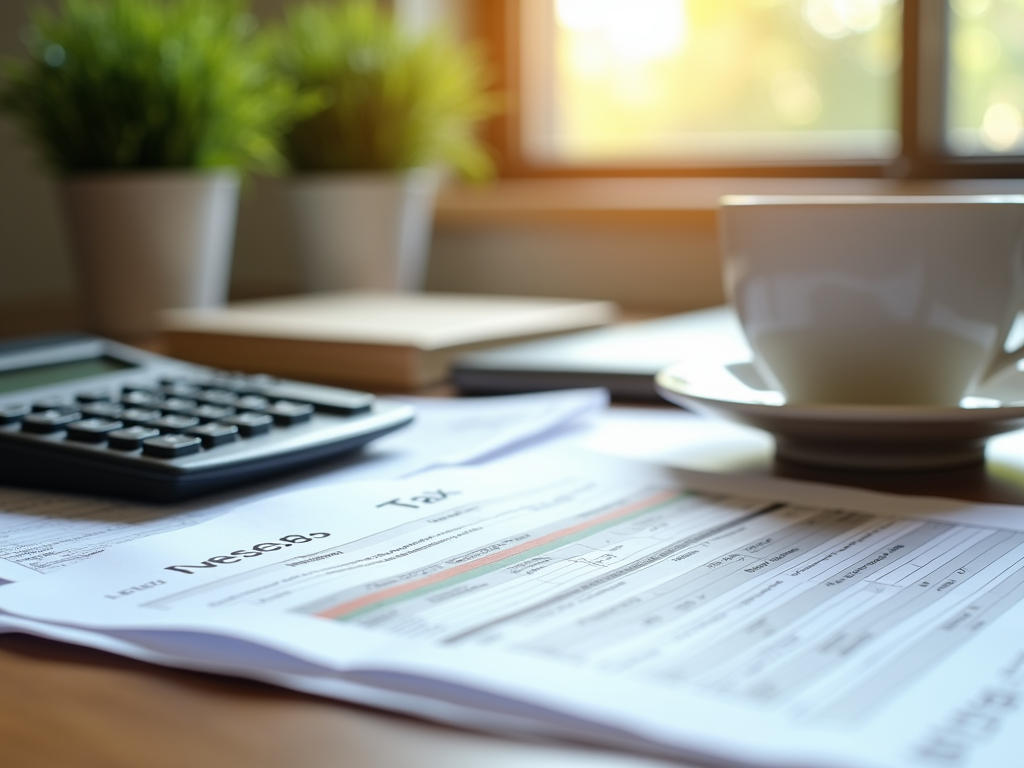 A cozy workspace showing tax documents, calculator, coffee cup, and potted plants on a desk by a window.