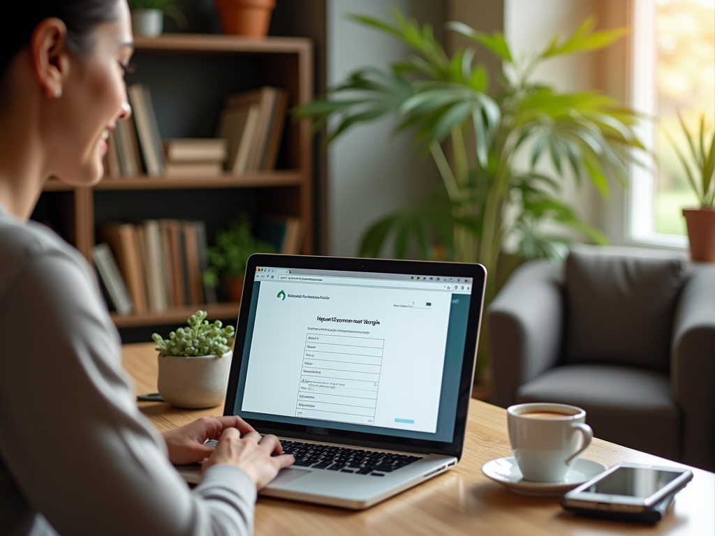 Woman working on laptop with a form open, in a cozy home office.