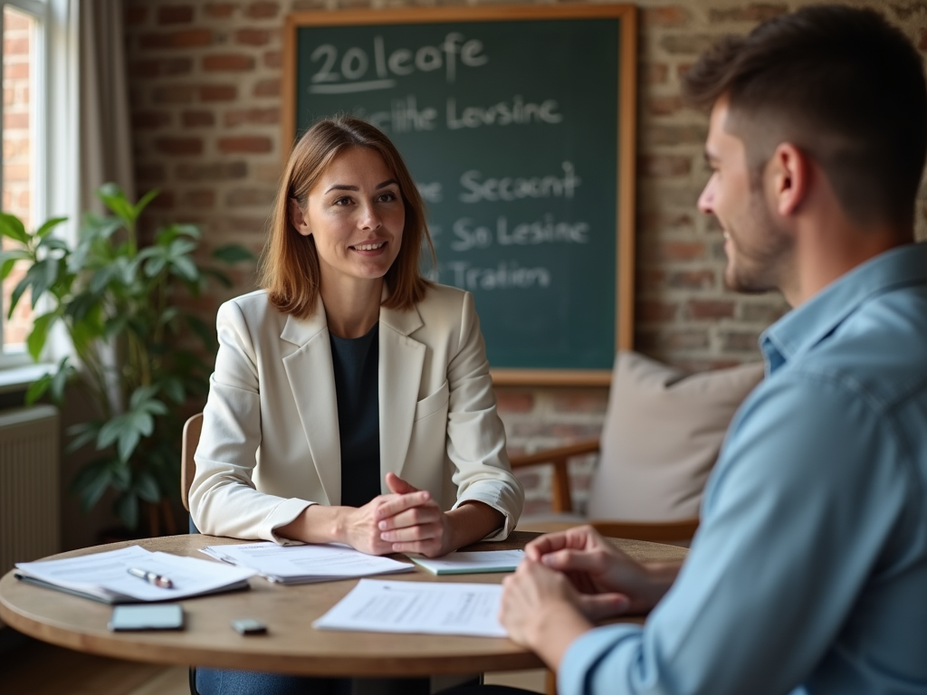 Woman in white blazer talking to a man at a table with documents, in a room with a brick wall and chalkboard.