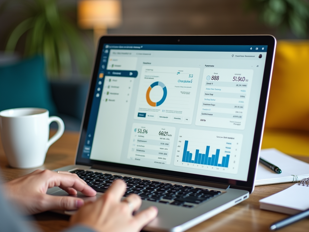 Person analyzing financial data graphs on a laptop with a coffee cup nearby.