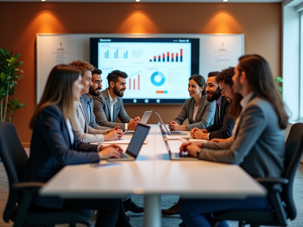 Diverse team in a business meeting analyzing data charts on a screen.