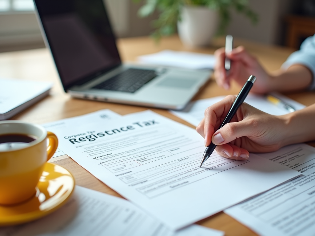 Person filling out a 'Corporate Residence Tax' form at a desk with a laptop and coffee cup visible.