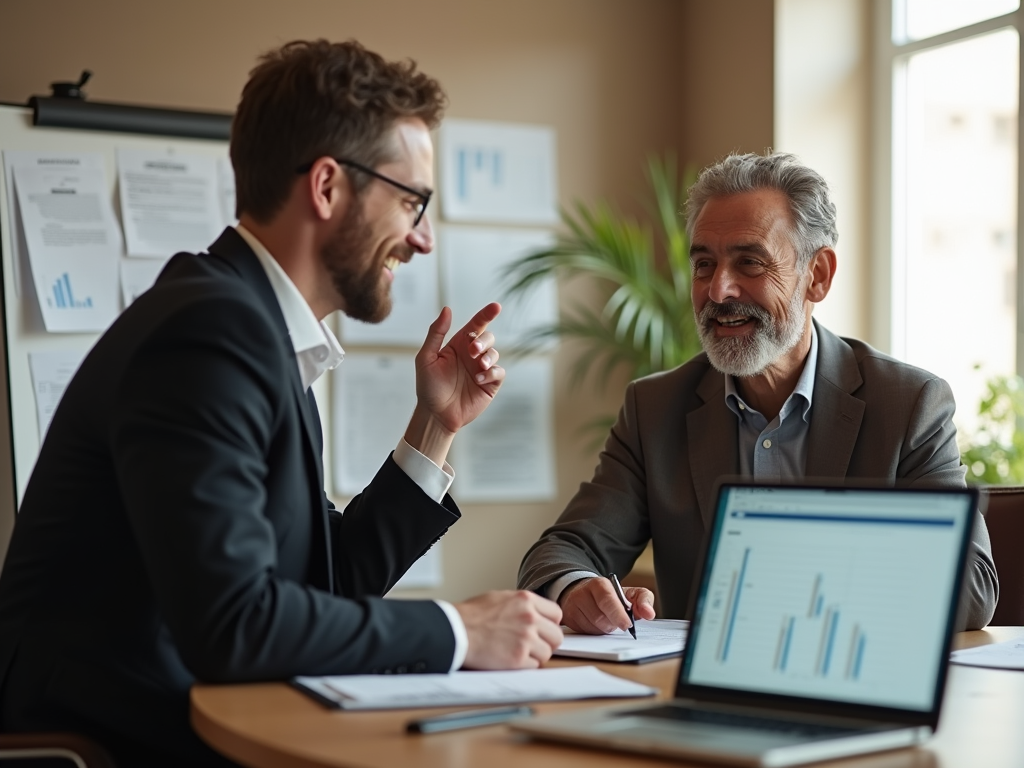 Two businessmen discussing over documents in a bright office.