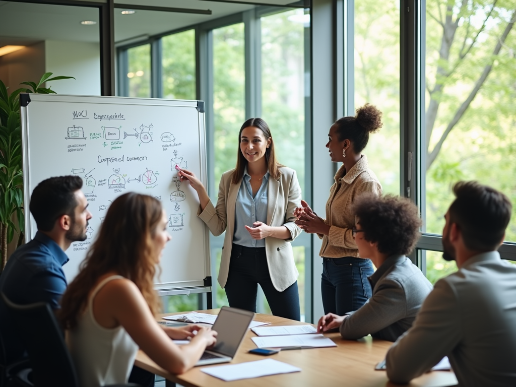 Two women presenting to a group at a whiteboard in a bright, modern office.