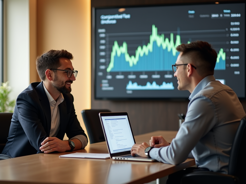 Two businessmen discussing over a laptop in a modern office with financial graphs on a screen in the background.