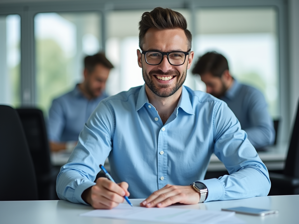 Smiling man in glasses working at desk with colleagues in background.