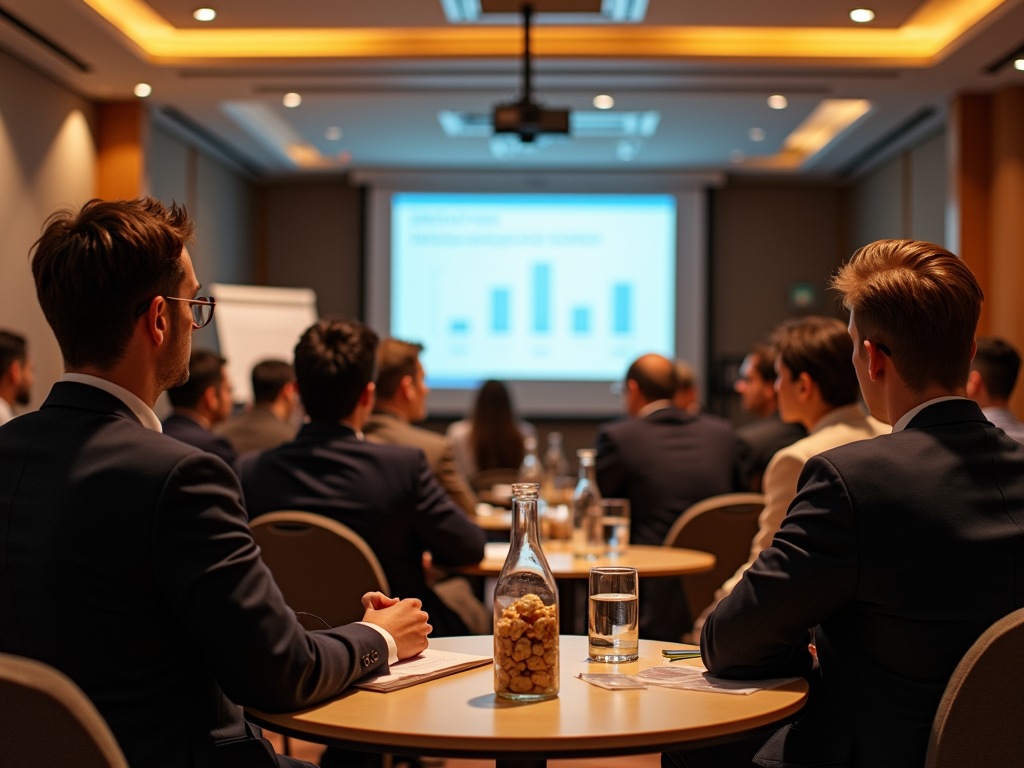 Business professionals watching a presentation on market trends in a conference room.