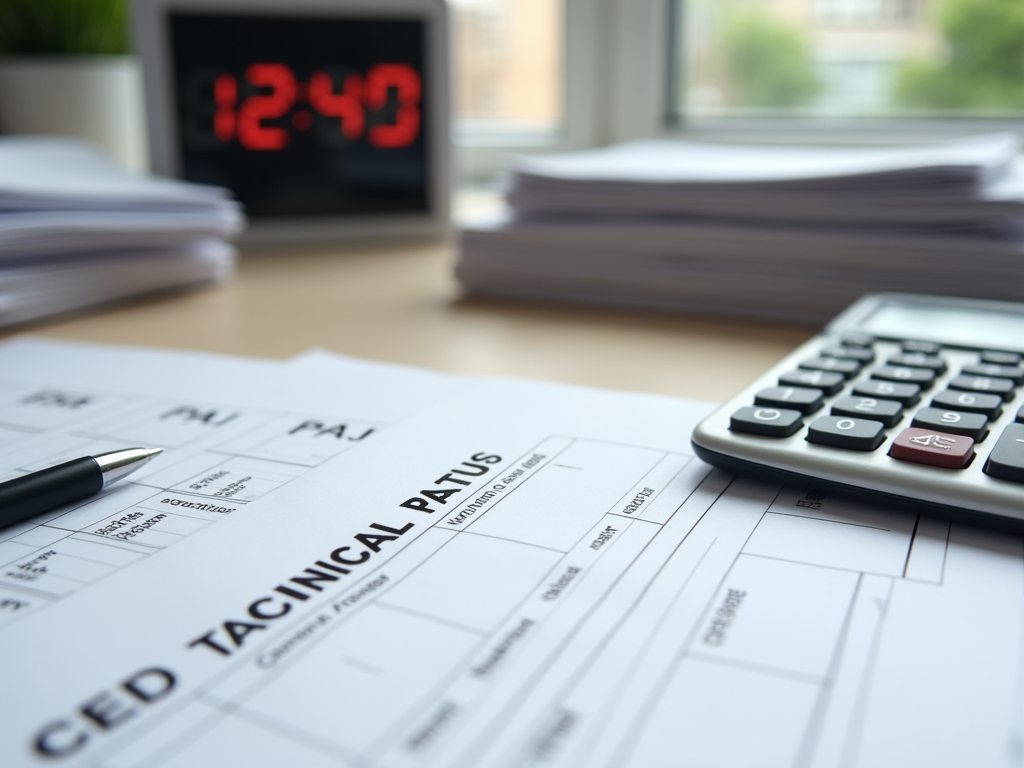 Office desk with documents and a calculator, digital clock reading 12:43 in the background.