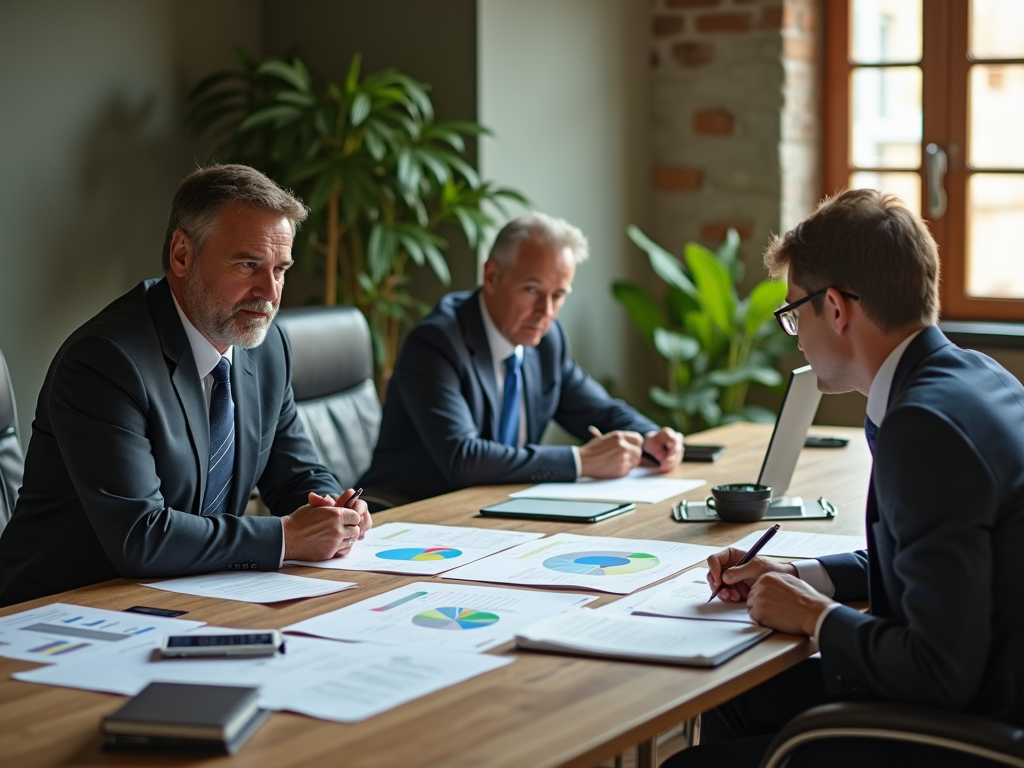 Three businessmen discussing graphs and documents at a conference table in a well-lit, plant-filled room.