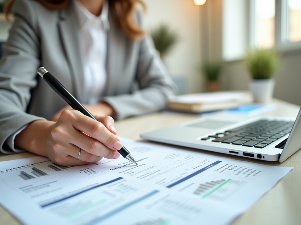 Businesswoman analyzing charts on paper with laptop in background.