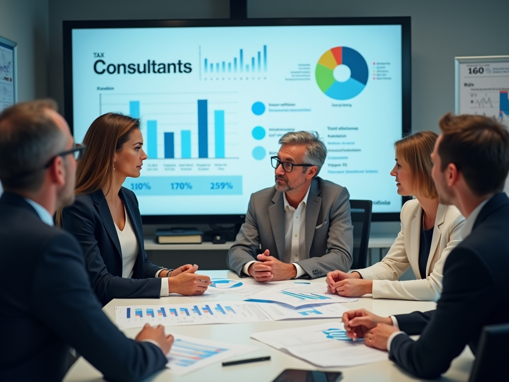 Professionals in a meeting discussing graphs on a screen titled "Tax Consultants".