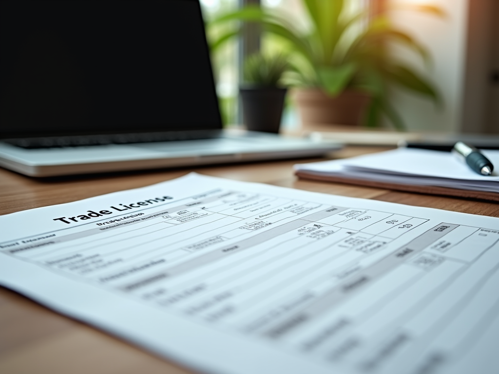 Blurred image of a trade license on a desk with a pen, notebook, and laptop in the background.