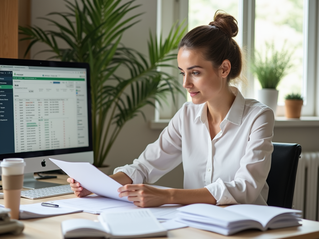 Woman reviewing documents in a bright office with computer screens and plants.