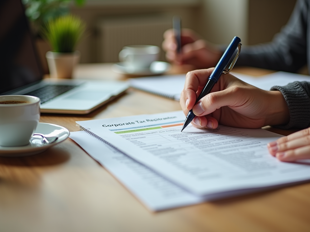 Close-up of hands filling out a Corporate Tax Return form with a pen, alongside a laptop and coffee cup.