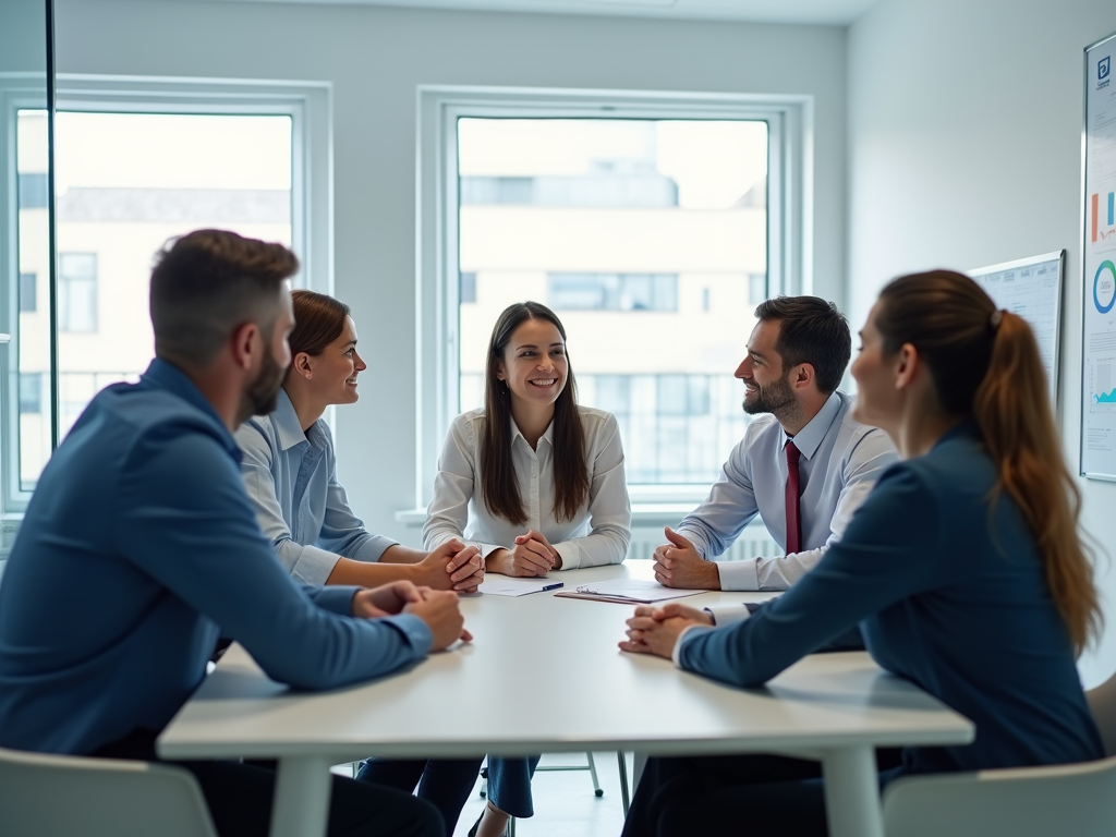 Five professionals in a meeting, smiling and discussing around a white table in a bright office.