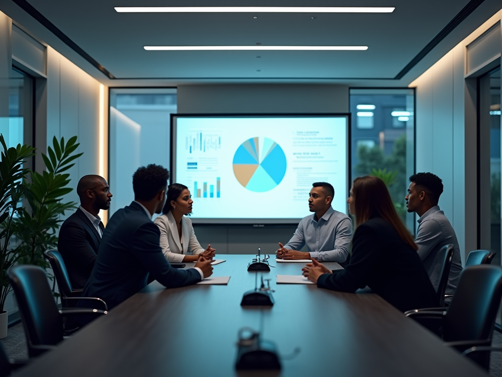 Business professionals discussing data shown on a projector screen in a modern office meeting room.