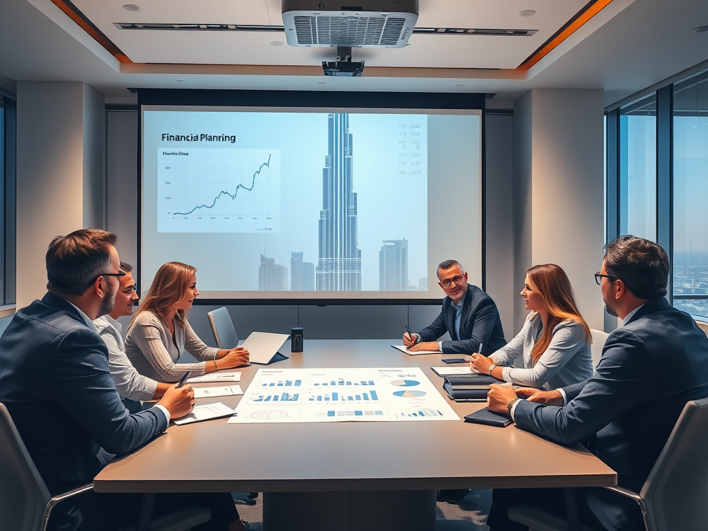 A corporate meeting in a bright room, focused on financial planning with graphs displayed on a screen.