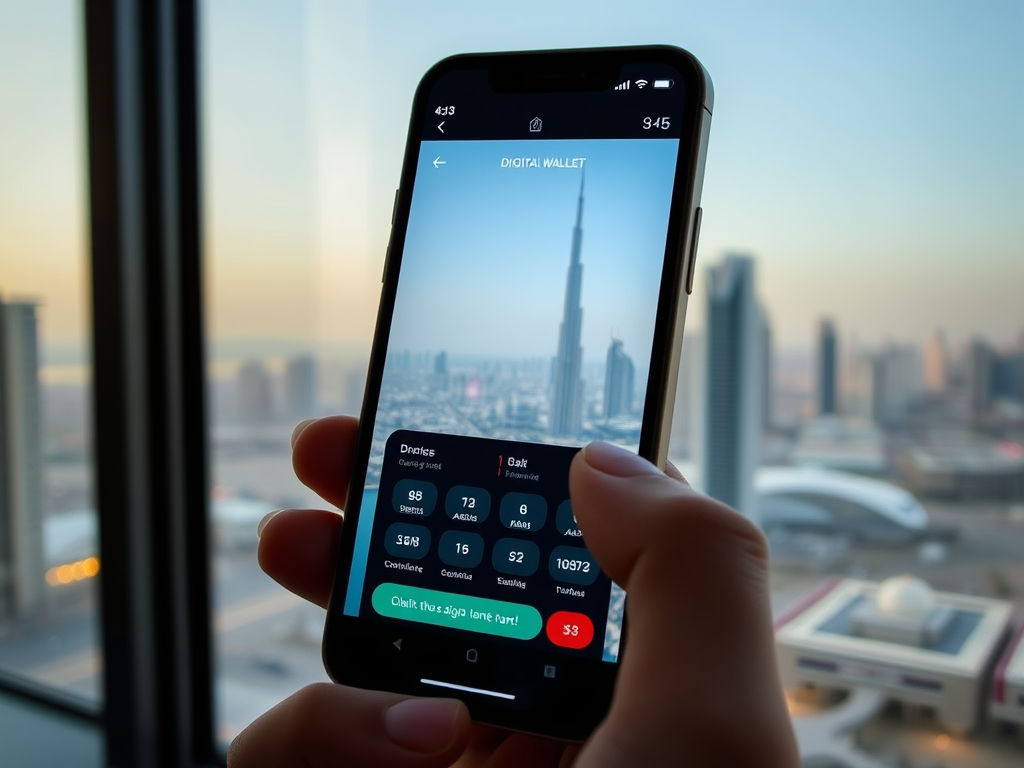 A hand holds a smartphone displaying a digital wallet app with a view of a city skyline and a tall building.