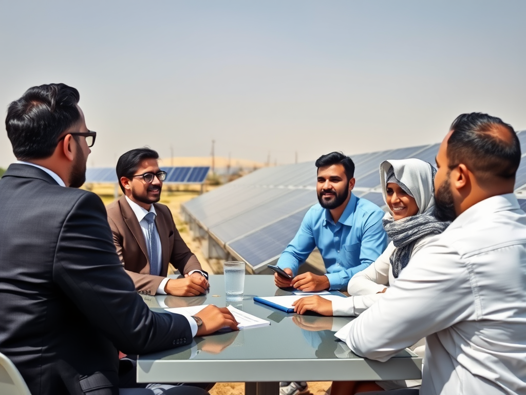 A group of five professionals seated at a table discussing in front of solar panels under a clear sky.