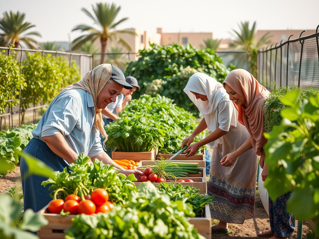 Four women work together in a vibrant garden, harvesting fresh vegetables and enjoying their time outdoors.