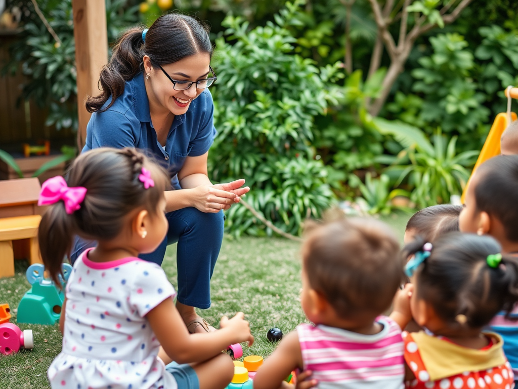 A teacher engages joyfully with young children sitting on the grass amidst toys and greenery.