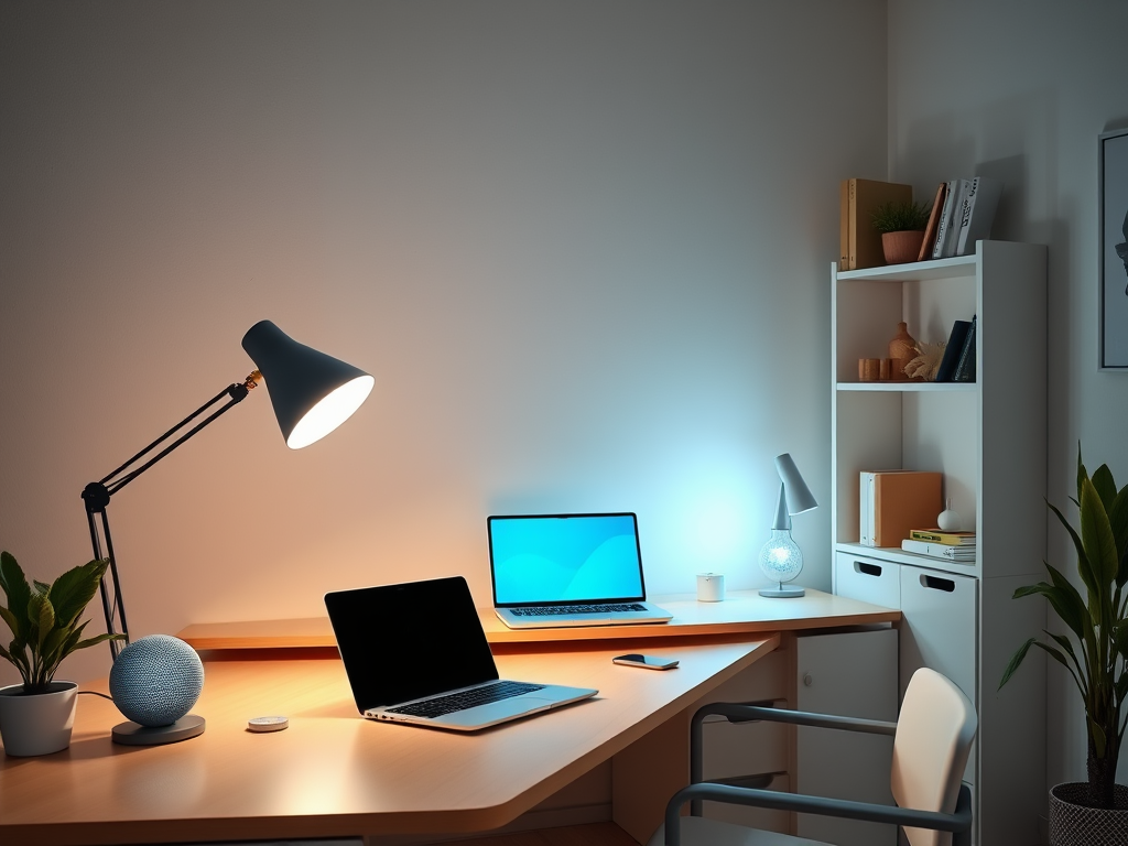 A cozy modern office setup with a desk, two laptops, a desk lamp, plants, and a white bookshelf.