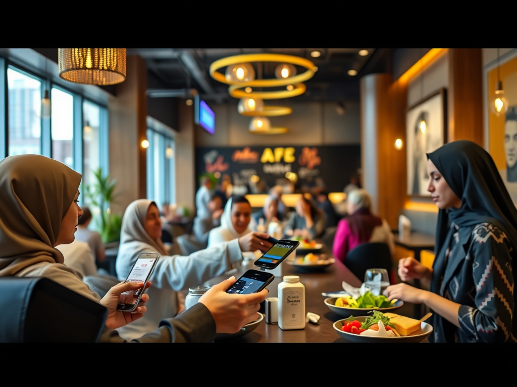 A lively café scene with women in hijabs enjoying food and using smartphones at a shared table.