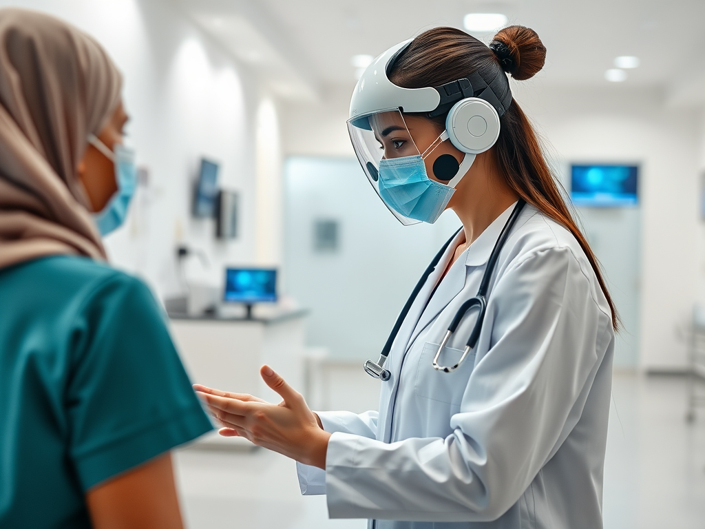 A healthcare professional in a mask and shield communicates with a patient in a medical setting.