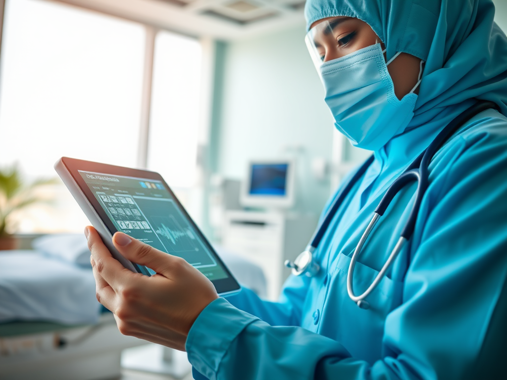 A healthcare professional in a blue scrubs and mask examines a tablet in a medical setting.