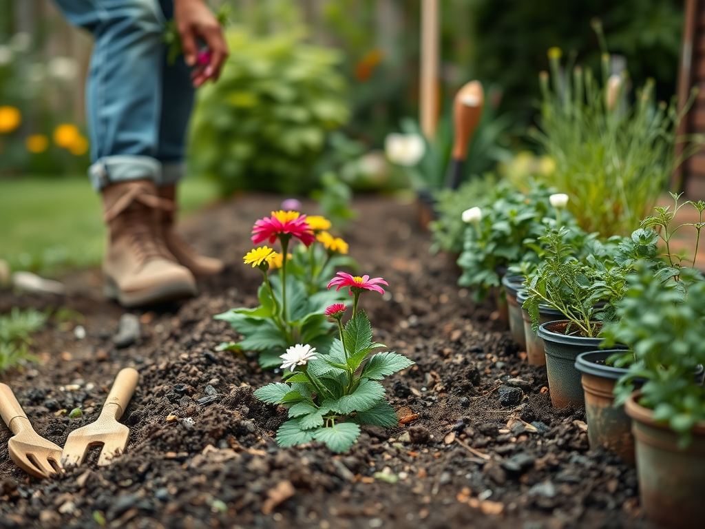 A person planting colorful flowers in a garden, with gardening tools and potted plants nearby.