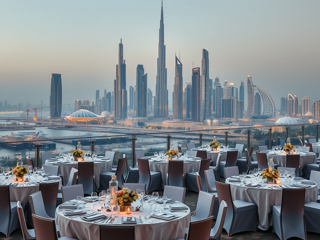 A beautifully set dining area with tables, overlooking a skyline featuring skyscrapers and the Burj Khalifa at dusk.