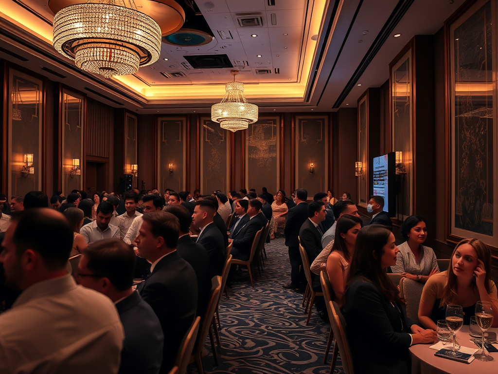 A formal event in an elegant room filled with guests seated at tables, chatting and enjoying drinks under chandeliers.