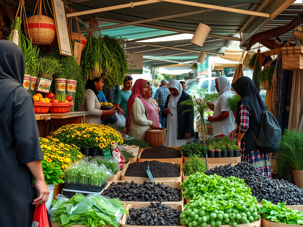 A vibrant market scene with people shopping for fresh produce, herbs, and flowers under shaded stalls.