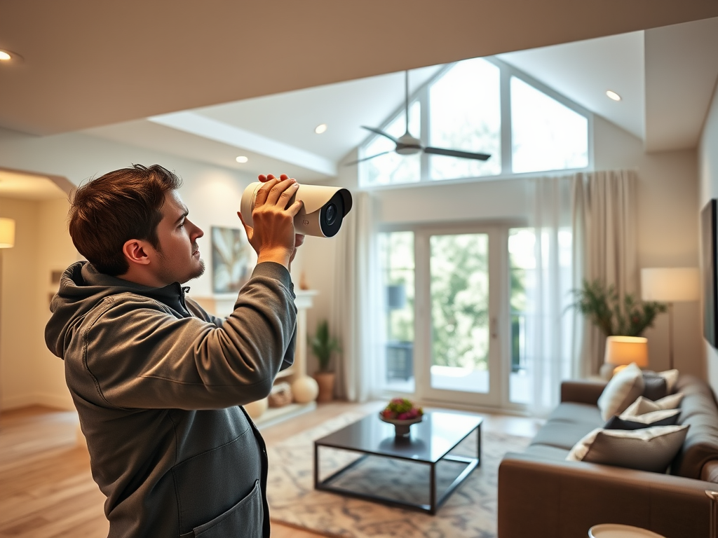 A man in a hoodie aims a portable projector in a bright, modern living room with large windows.